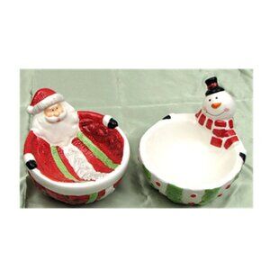 Set of 2 Ceramic Santa & Snowman bowls 6" tall by 5 1/2" wide by 4" deep 64956
